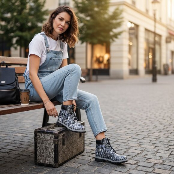 NIB Timberland Black White & Gray Camo Patterned Leather 6" Lug Sole Boots - Picture 2 of 16